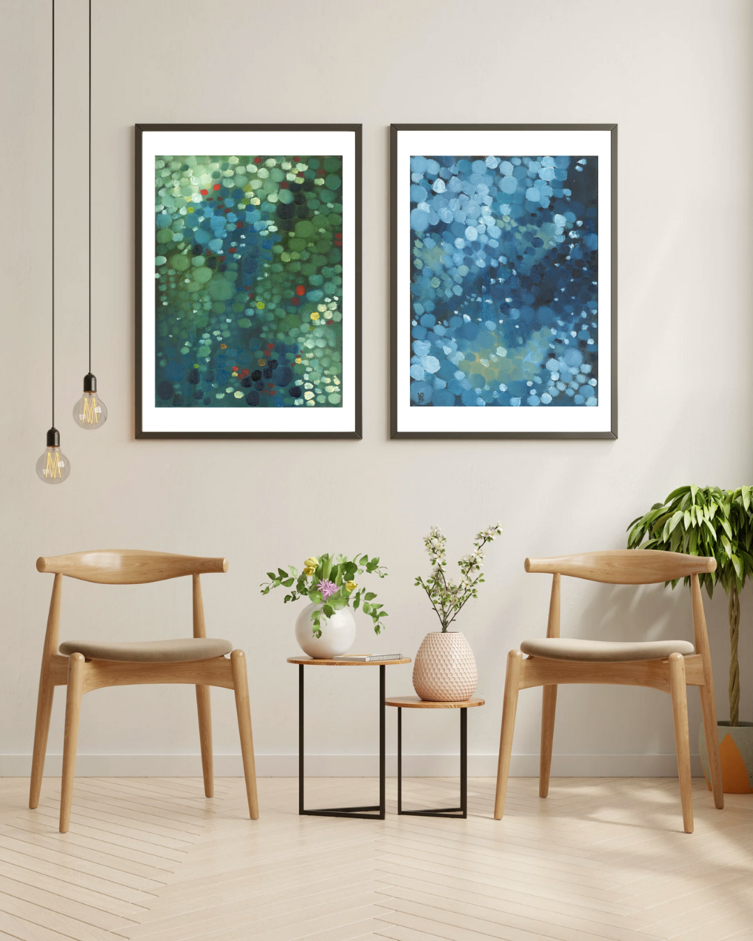 Limited edition abstract print of ‘Breath of the Forest’ and 'Oceans Breath' displayed in a light-filled room with natural wood tones option 2. The green and blue palette adds a sense of calm, connection, and quiet vitality to the space.