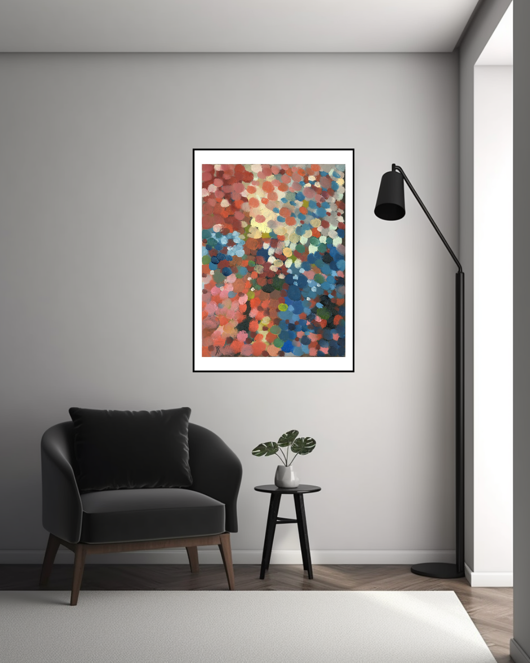 ‘Embers’ limited edition abstract print with wooden frame by Allison Pilling, shown in a grey minimalistic room. The artwork’s rich red and rust tones add depth, energy, and visual warmth to the space.