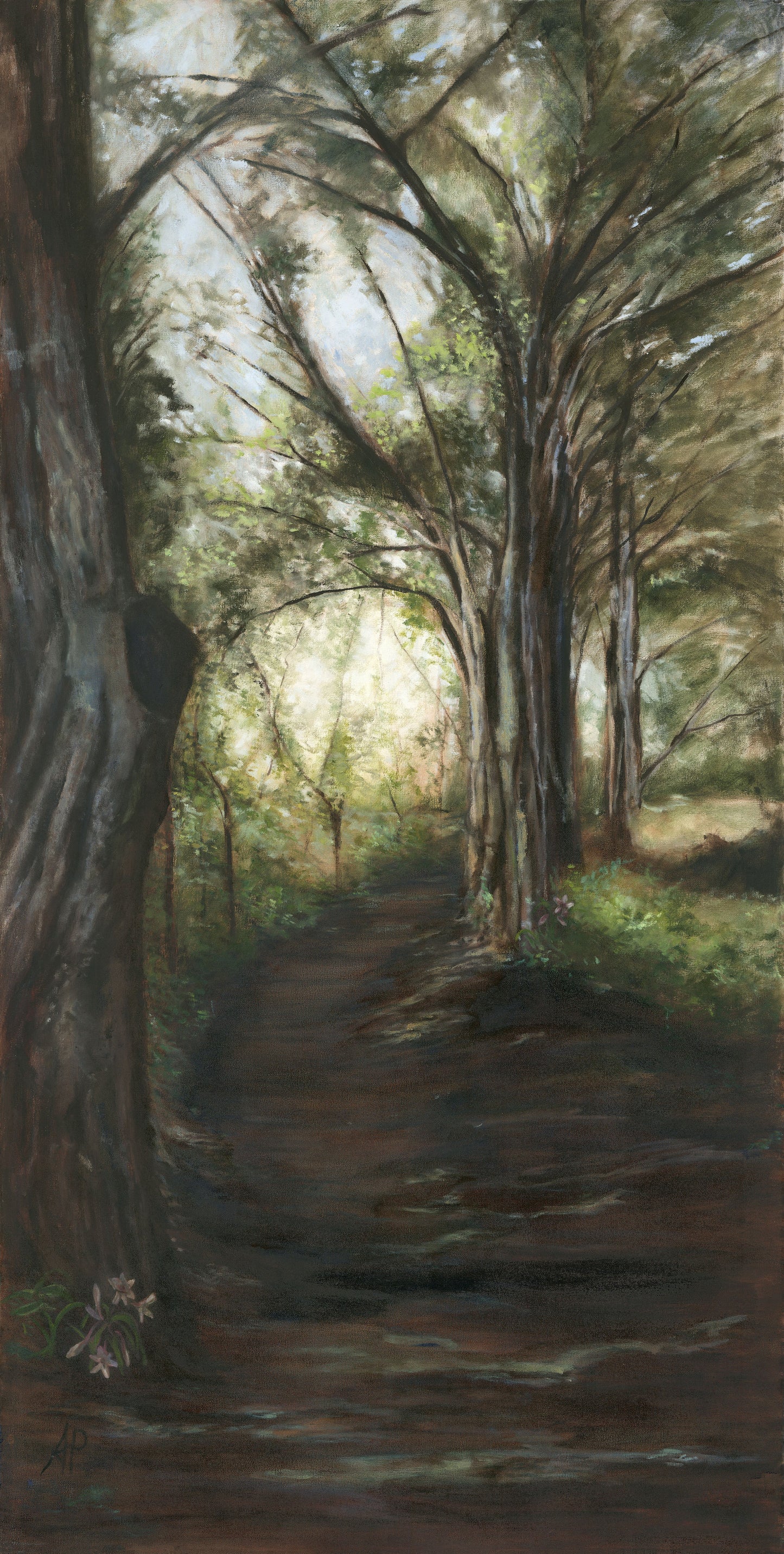 ‘Enchanted Forest’ original oil painting by Allison Pilling. The artwork’s forest tones and layered textures bring a sense of calm, mystery, and natural elegance to the space.
