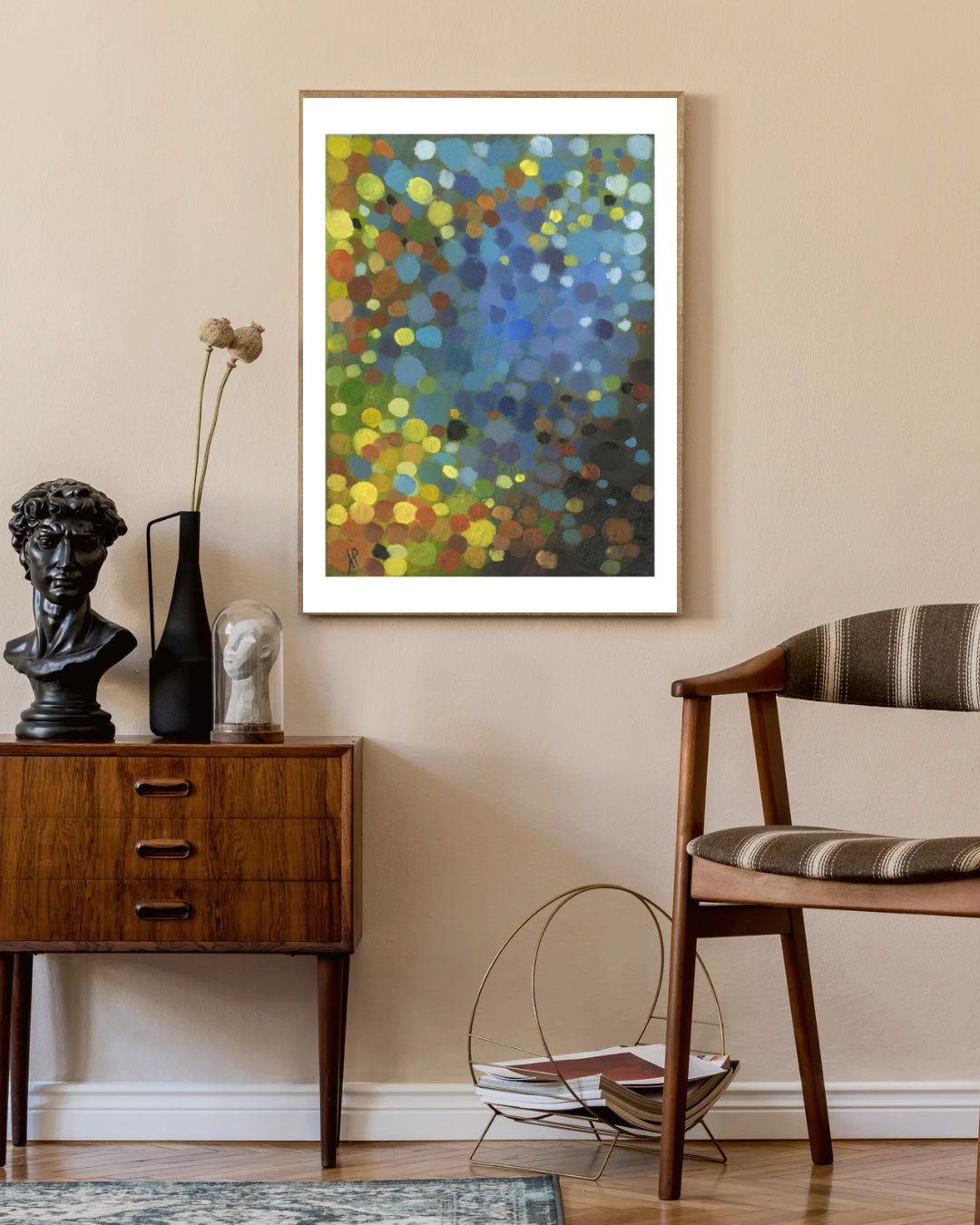 Limited edition abstract print ‘Floating Light’ by Allison Pilling, displayed in a softly lit modern interior. The artwork’s gentle gradients and fluid composition bring calm energy and balance to the space.
