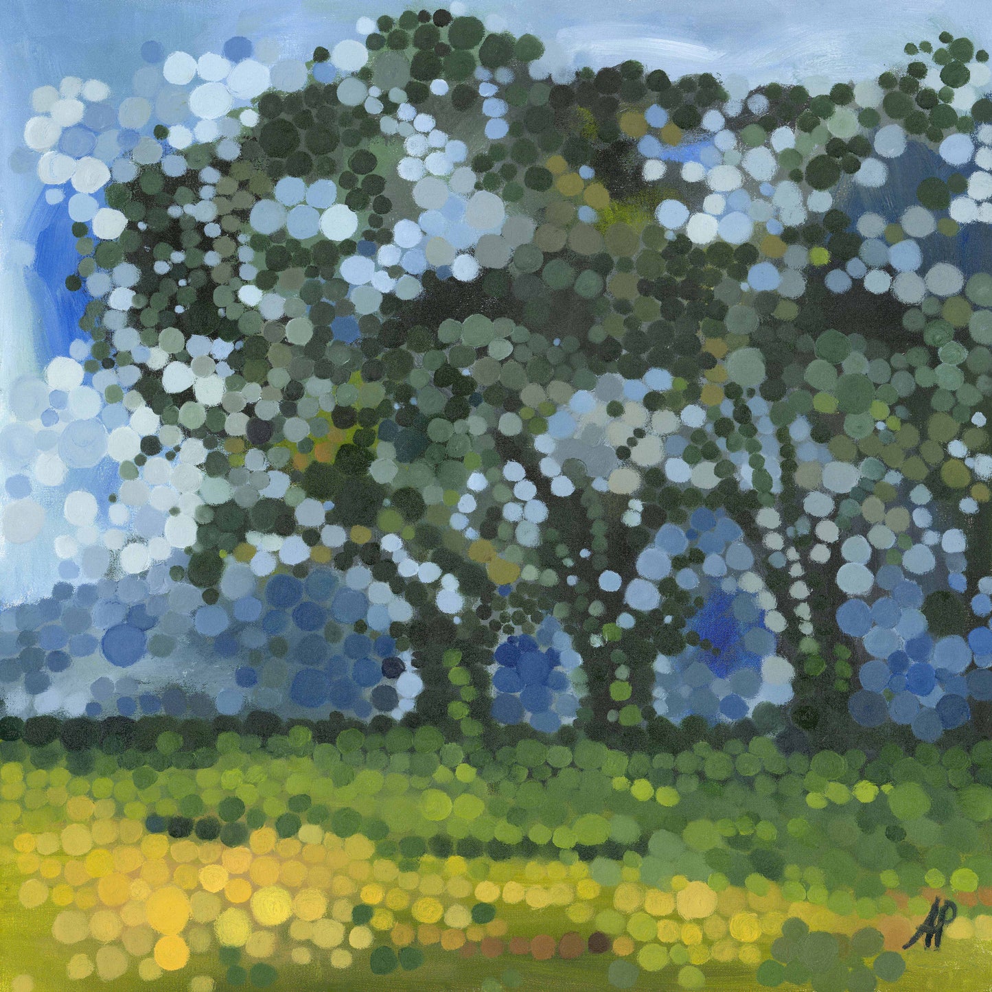 Original Oil Painting on stretched canvas Inspired by the vivid landscapes of the Cape, Geelekuil captures the striking contrast of golden rape fields set against a deep blue sky, with lush trees on the horizon. This abstract oil painting print uses layered textures and rhythmic patterns to bring movement and depth to the scene.