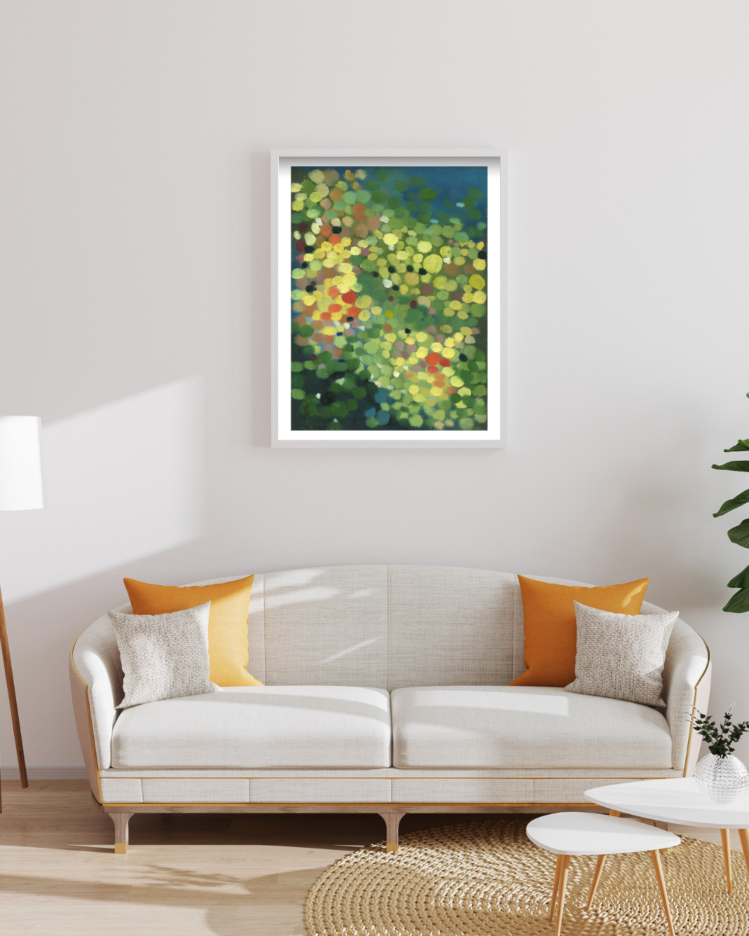 ‘Luminous Depths’ limited edition abstract print by Allison Pilling, shown in a light cream interior. The rich blend of blues, yellows, and greens adds contrast and warmth to the serene, neutral space.