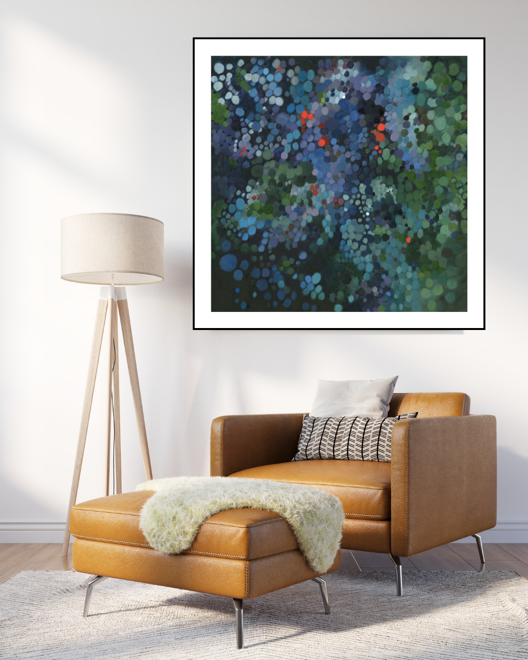 Limited edition abstract print of ‘Midnight Reflections’ displayed in a cream-toned interior. The water-inspired artwork adds depth and calm with its layered brushwork and glowing tones.