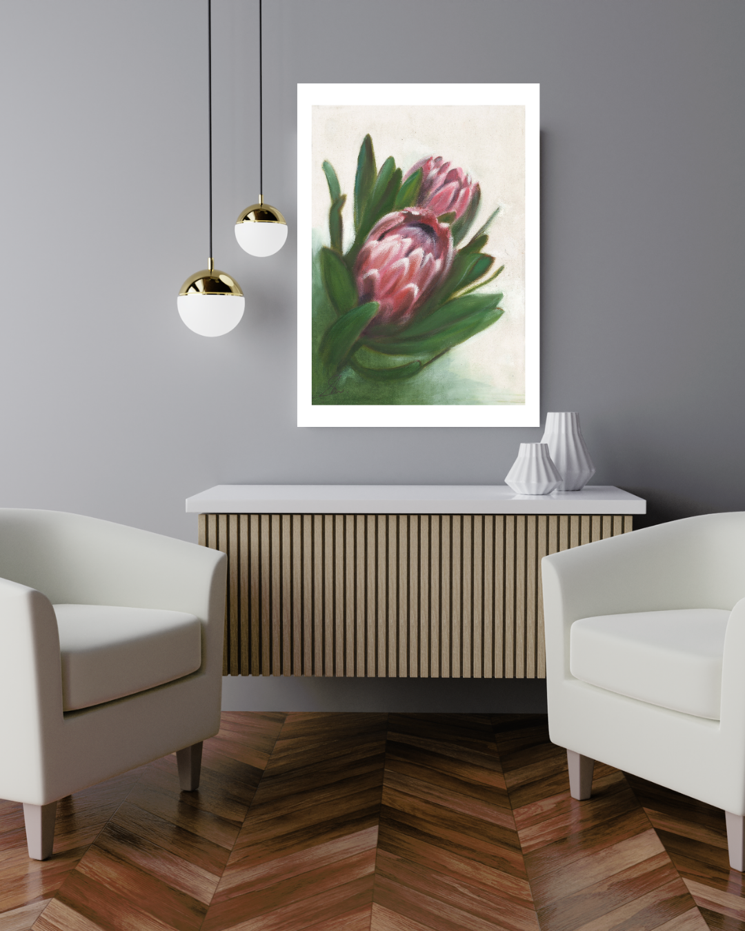 Limited edition print of 'Pride of the Cape' by Stephreen Mapstone, displayed in a softly lit room with white furniture and a wooden floor. The delicate protea artwork enhances the serene ambiance, adding a subtle yet elegant touch to the space.