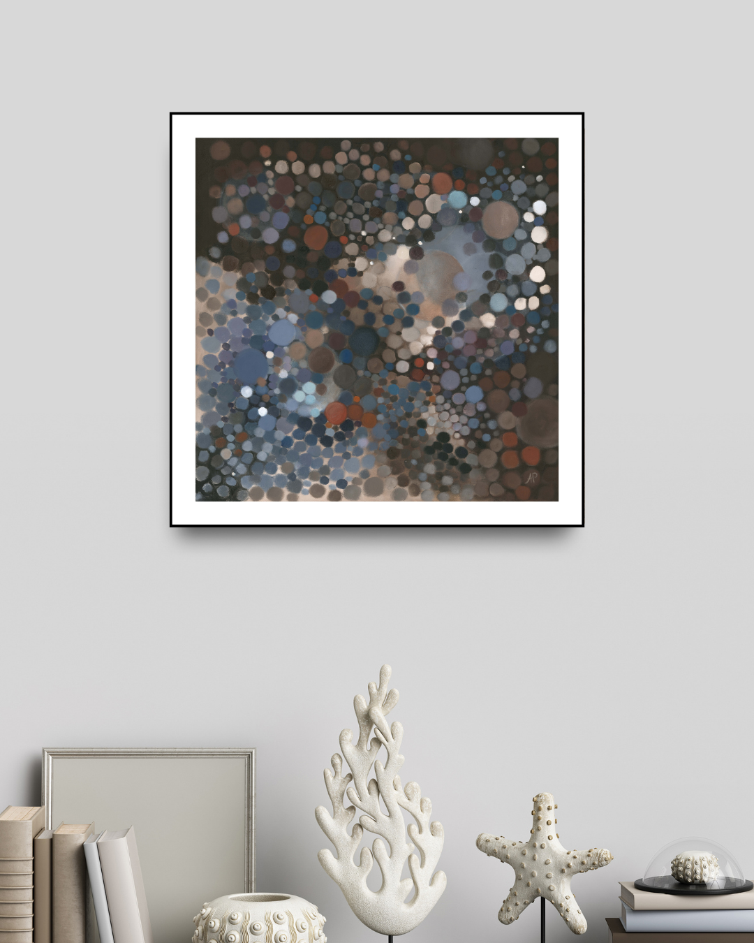 Limited edition abstract print of ‘Solar Pulse’ displayed in a modern room. The space-inspired artwork features circular forms and tonal contrast, adding depth and celestial intrigue to the interior.