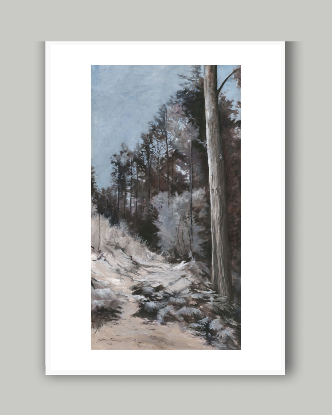 Limited edition landscape print by Allison Pilling with white frame capturing the quiet beauty of winter. ‘Still of Winter’ brings calm, depth, and seasonal serenity to any interior space.