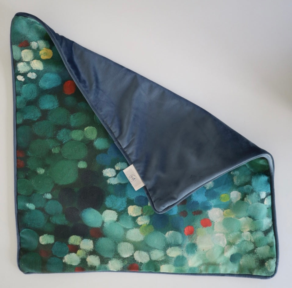 Image shows folded back and front of square 60×60 cm cushion cover with abstract green and blue oil painting print, velvet piping, velvet back, and concealed zip closure.