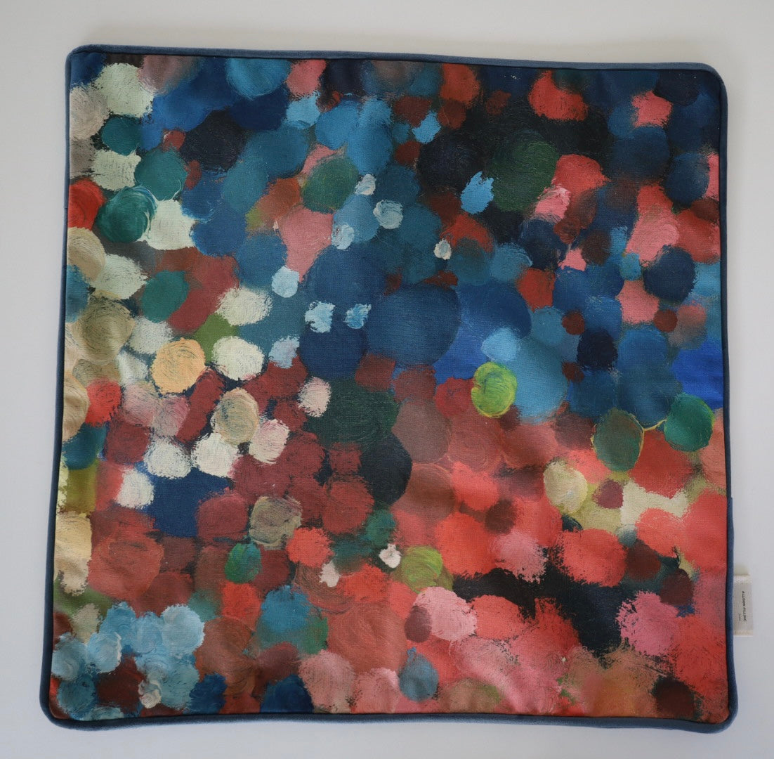 Square 60×60 cm cushion cover with abstract salmon, pink and blue oil painting print, velvet piping, velvet back, and concealed zip closure.