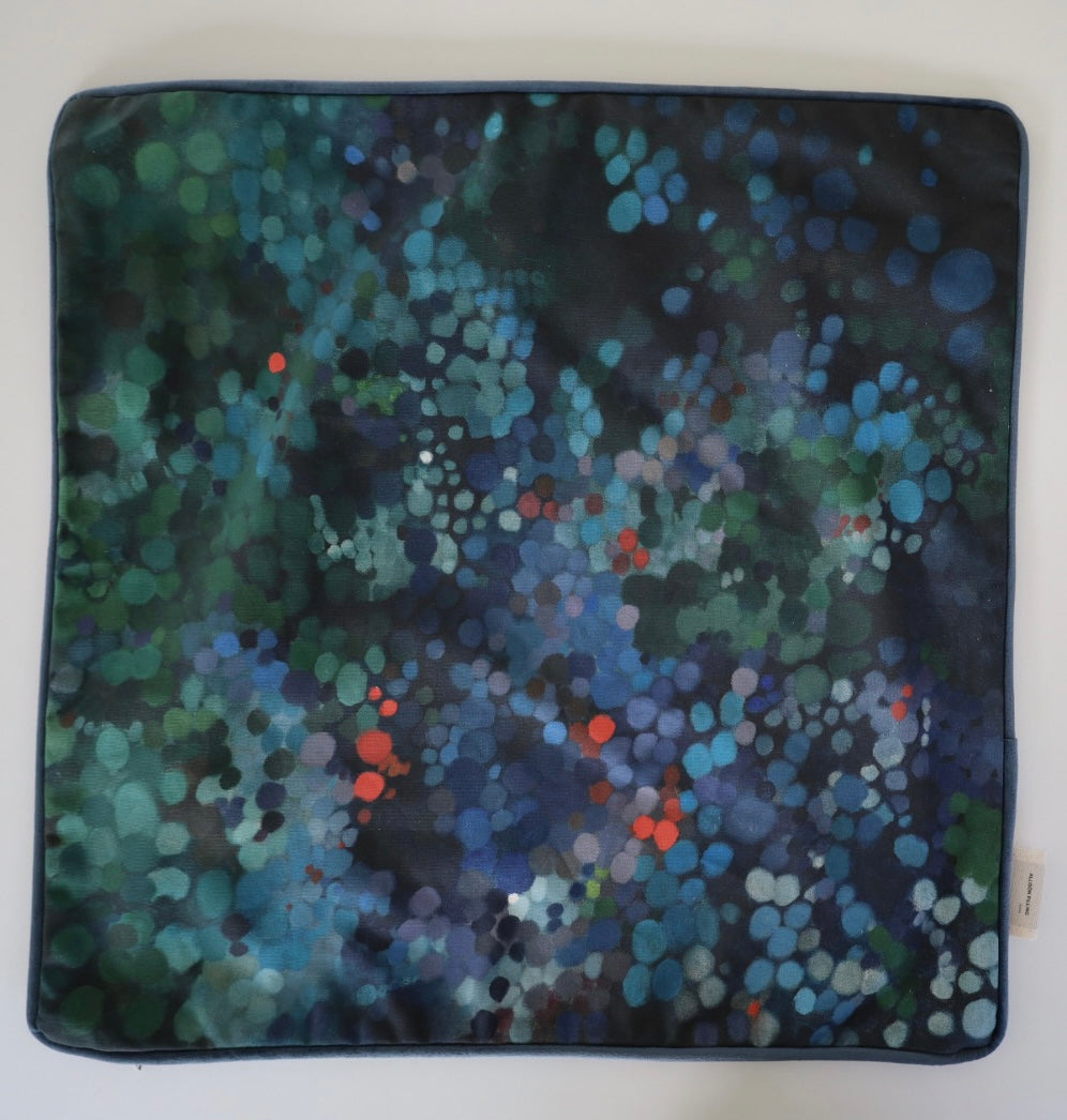Image shows front of square 60×60 cm cushion cover with abstract green and blue oil painting print, velvet piping, velvet back, and concealed zip closure.