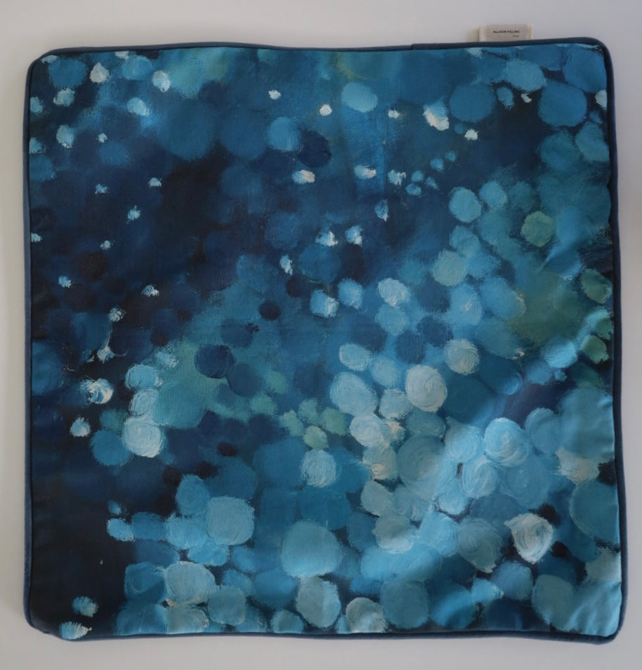 Image shows front of square 60×60 cm cushion cover with abstract blues oil painting print, velvet piping, velvet back, and concealed zip closure.