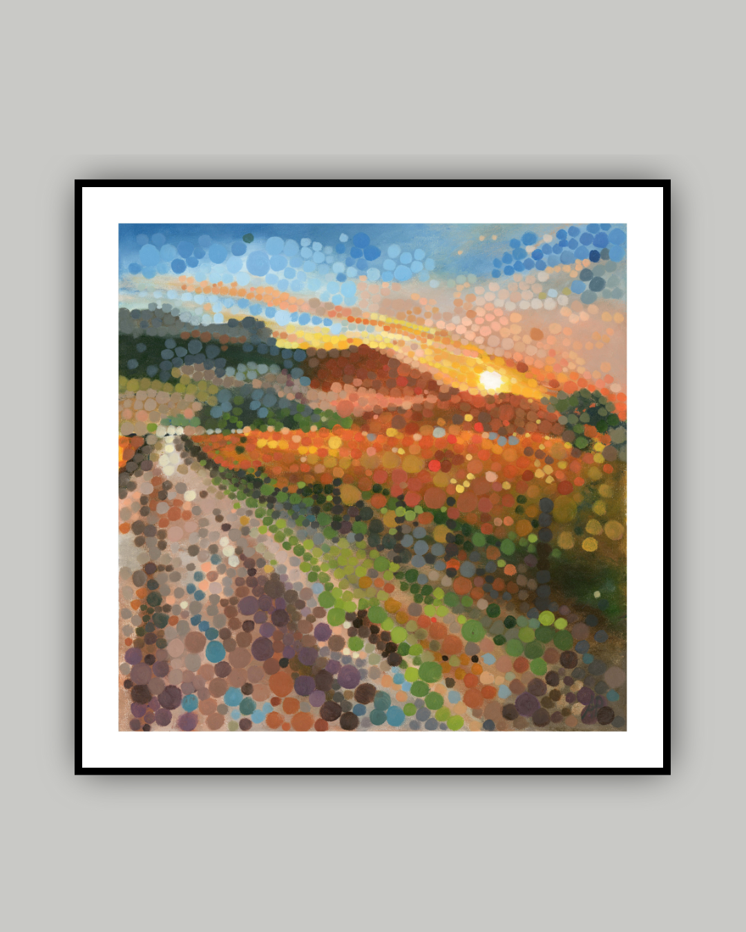 Limited edition abstract landscape print with black frame of the Cape Winelands at sunset. Featuring warm golden tones over vineyard hills, this artwork brings natural beauty, light, and South African charm to any space.