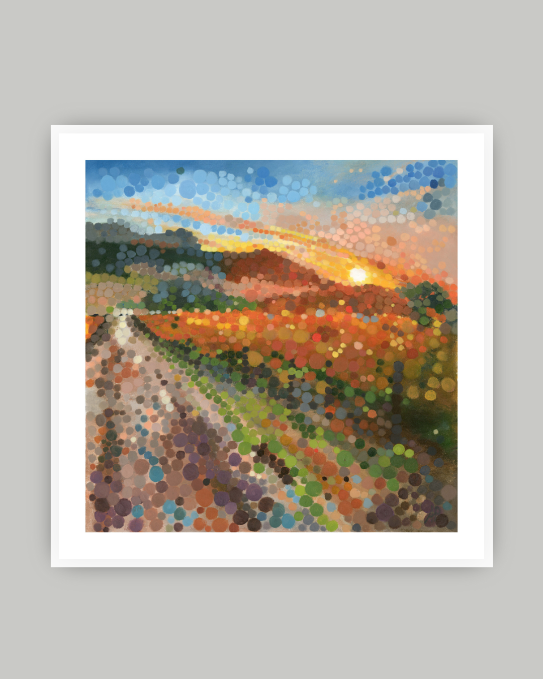 Limited edition abstract landscape print with white frame of the Cape Winelands at sunset. Featuring warm golden tones over vineyard hills, this artwork brings natural beauty, light, and South African charm to any space.