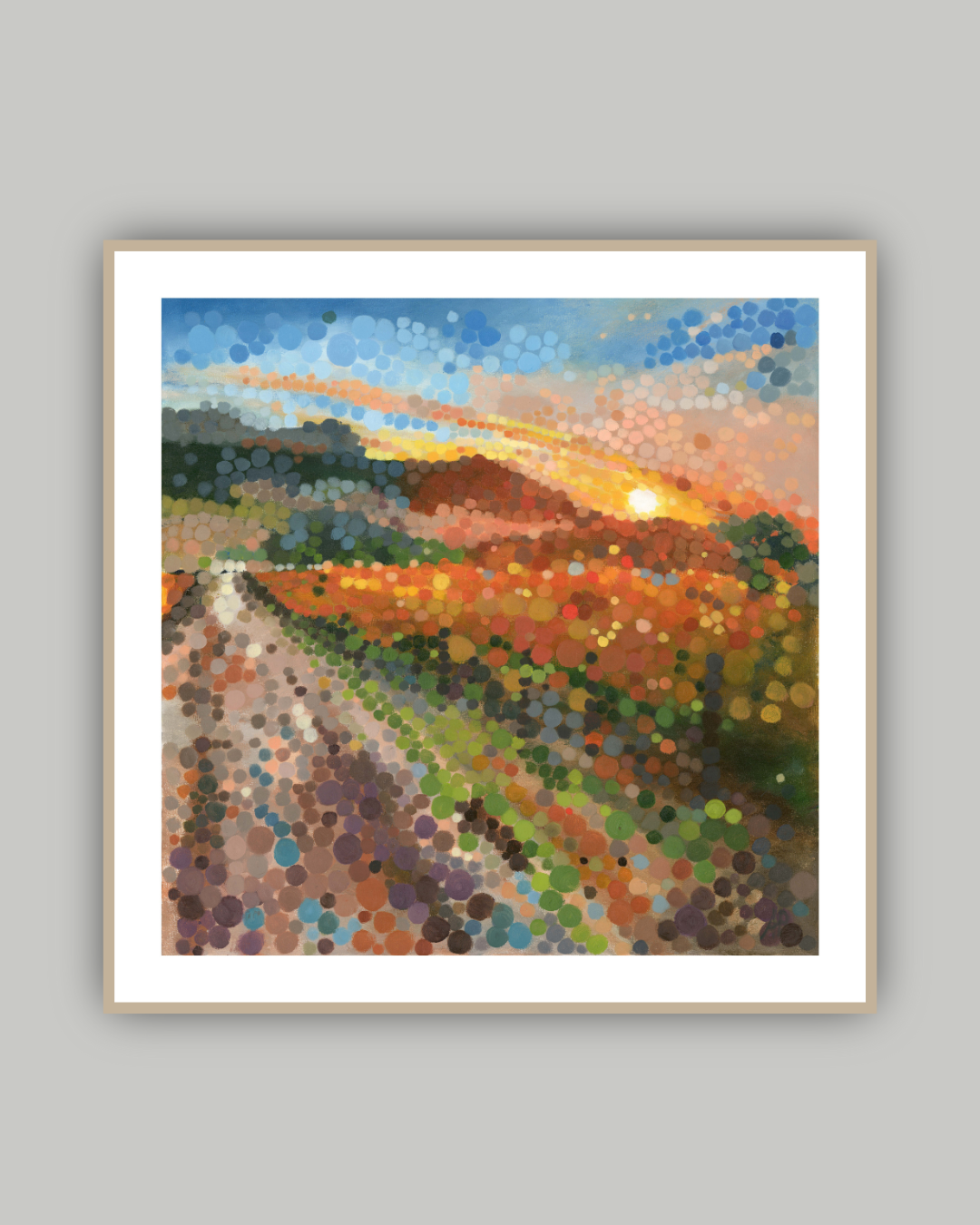 Limited edition abstract landscape print with wooden frame of the Cape Winelands at sunset. Featuring warm golden tones over vineyard hills, this artwork brings natural beauty, light, and South African charm to any space.