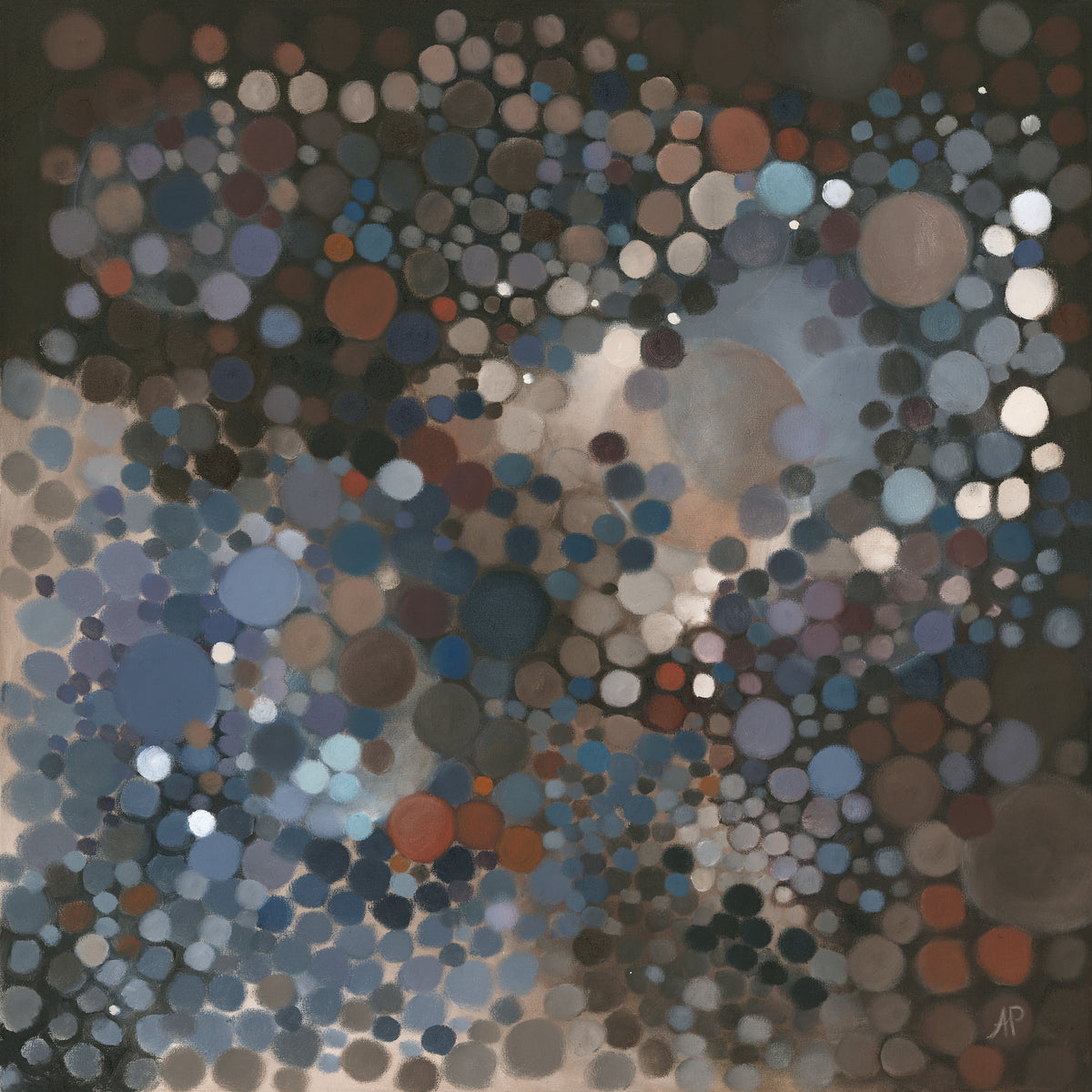 ‘Solar Pulse’ is, an abstract oil painting on stretched canvas, inspired by the cosmos. With tonal circles in browns and grey-blues, it evokes the movement of planets and celestial energy—an eye-catching focal piece for any space.