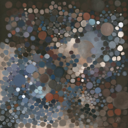‘Solar Pulse’ is, an abstract oil painting on stretched canvas, inspired by the cosmos. With tonal circles in browns and grey-blues, it evokes the movement of planets and celestial energy—an eye-catching focal piece for any space.